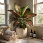 Large Silk Dieffenbachia Plant - Multicolor - styled on a bathroom counter, styled lifestyle scene