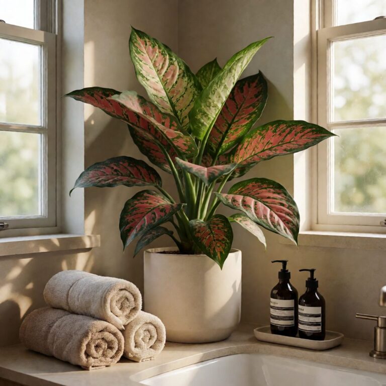 Large Silk Dieffenbachia Plant - Multicolor - styled on a bathroom counter, styled lifestyle scene