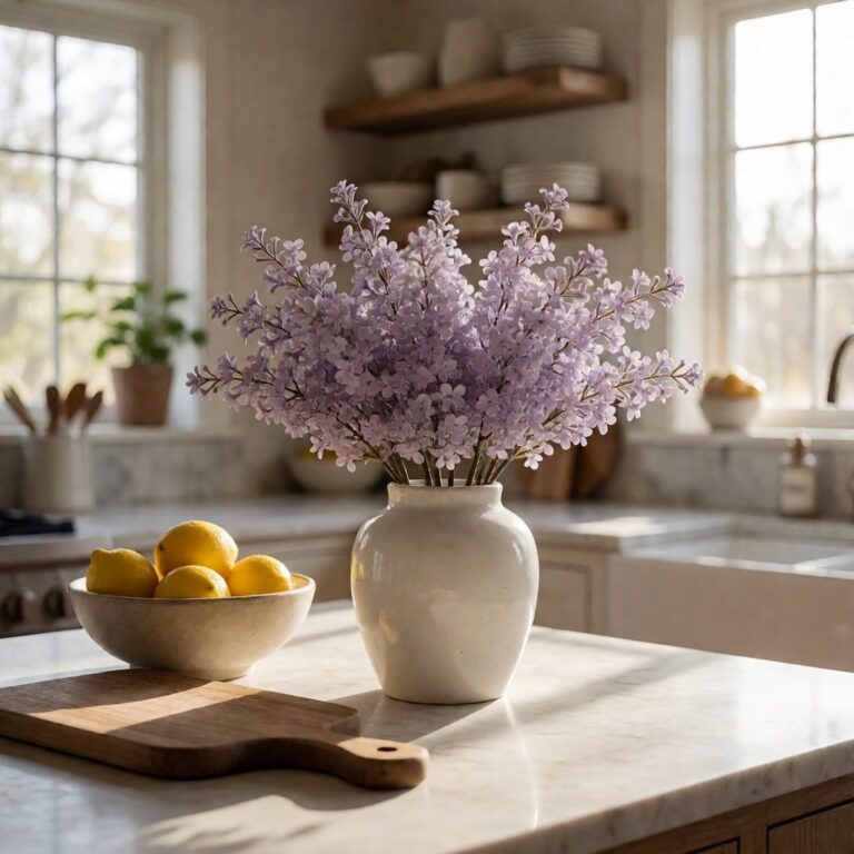 Lilac Faux Arrangement - White - styled on a kitchen island, styled lifestyle scene