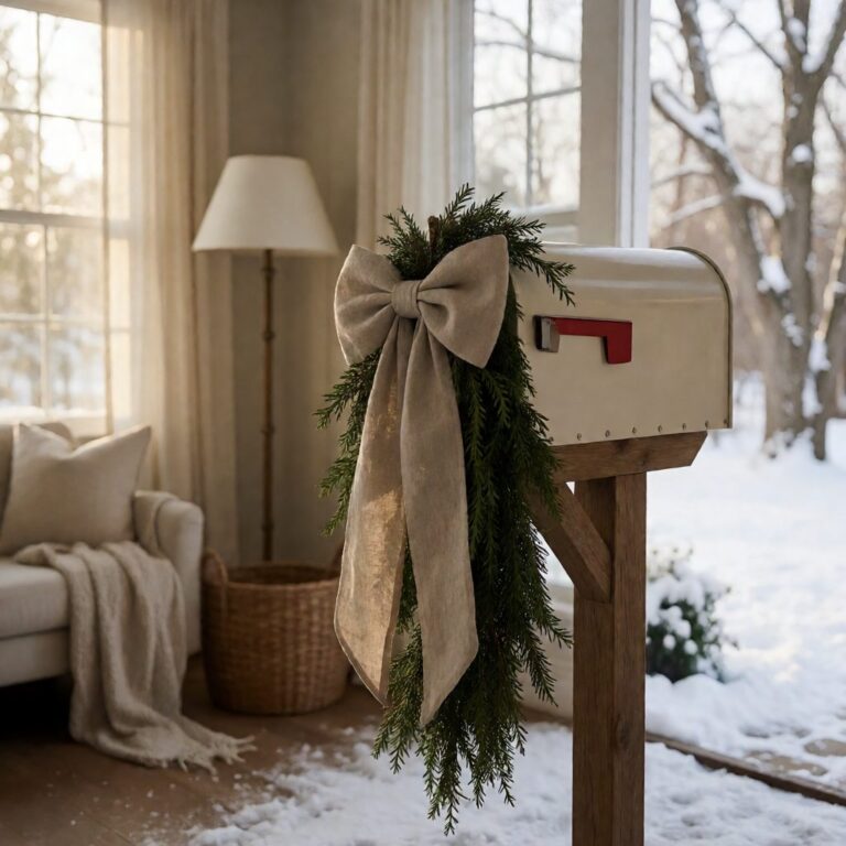 Linen Bow - styled on a decorated mailbox, styled lifestyle scene