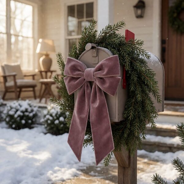 Mauve Velvet Bow - styled on a decorated mailbox, styled lifestyle scene