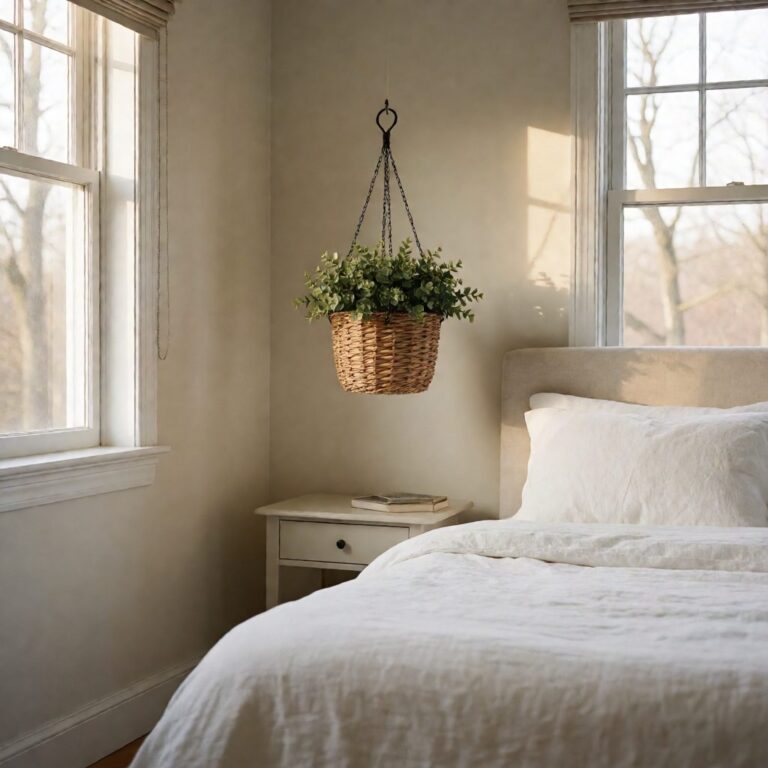 Mini Artificial Hanging Basket - styled in a bedroom corner, styled lifestyle scene