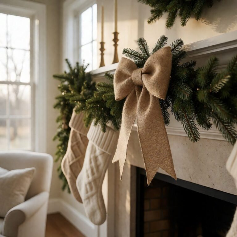 Natural Burlap Bow - styled on a fireplace garland, styled lifestyle scene