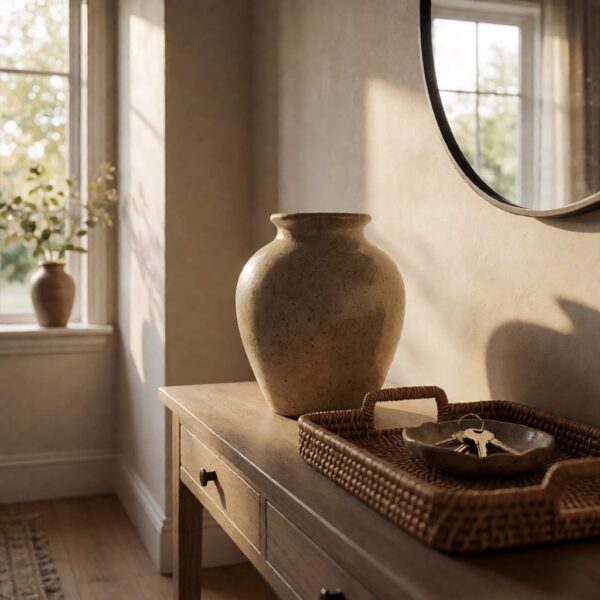 Natural Stoneware Speckled Vase - styled on an entryway console table, styled lifestyle scene