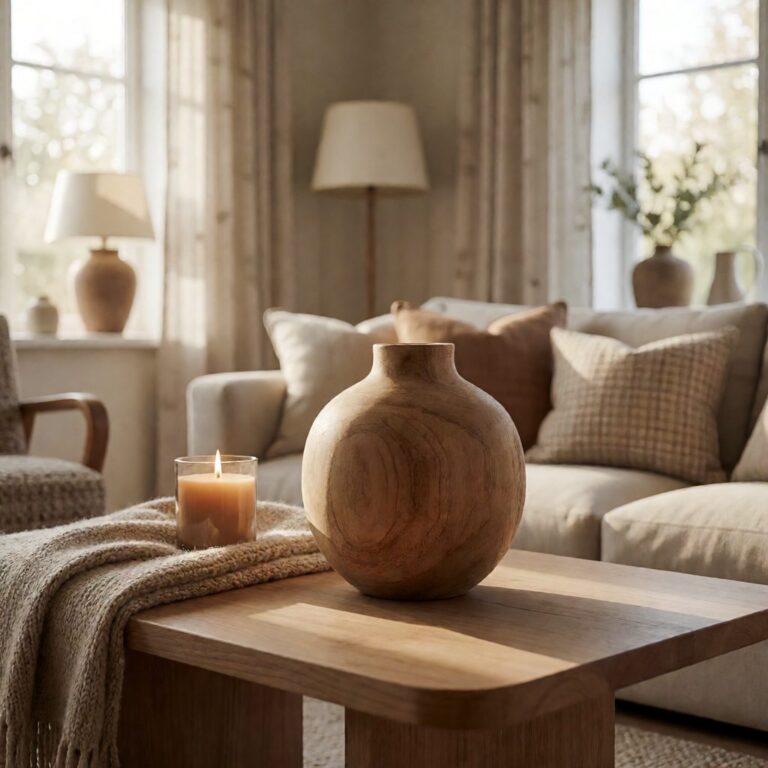 Natural Wood Round Vase - styled on a coffee table, styled lifestyle scene