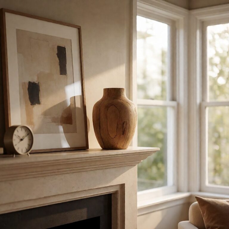 Natural Wood Vase - styled on a fireplace mantel, styled lifestyle scene