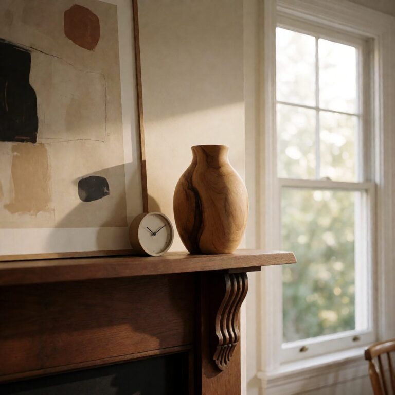 Natural Wood Vase - Natural - styled on a fireplace mantel, styled lifestyle scene