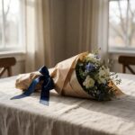 Navy Ribbon - 10Yd - styled wrapped around a bouquet, styled lifestyle scene