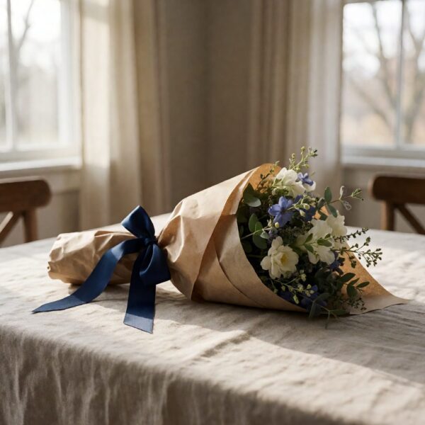 Navy Ribbon - 10Yd - styled wrapped around a bouquet, styled lifestyle scene