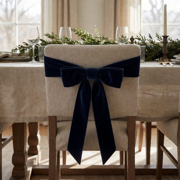 Navy Velvet Bow - styled on a dining chair, styled lifestyle scene