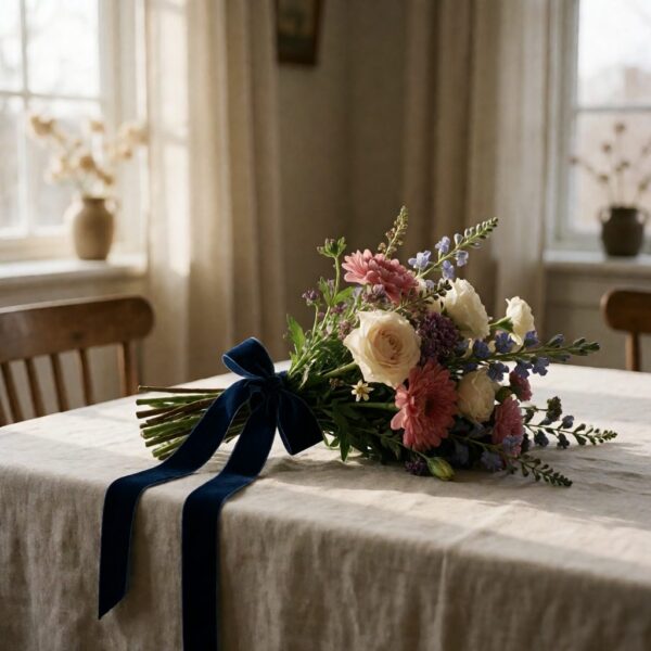 Navy Velvet Ribbon - 10Yd 2 - styled wrapped around a bouquet, styled lifestyle scene