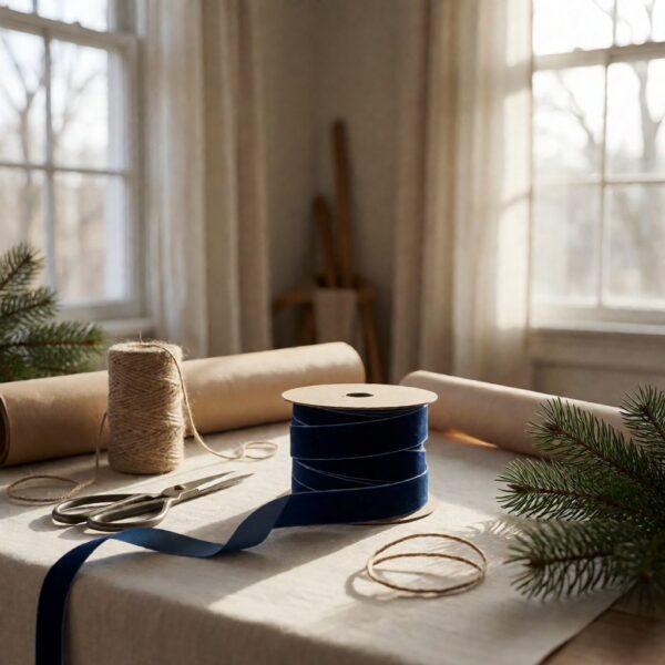 Navy Velvet Ribbon - 10Yd - styled on a craft worktable, styled lifestyle scene