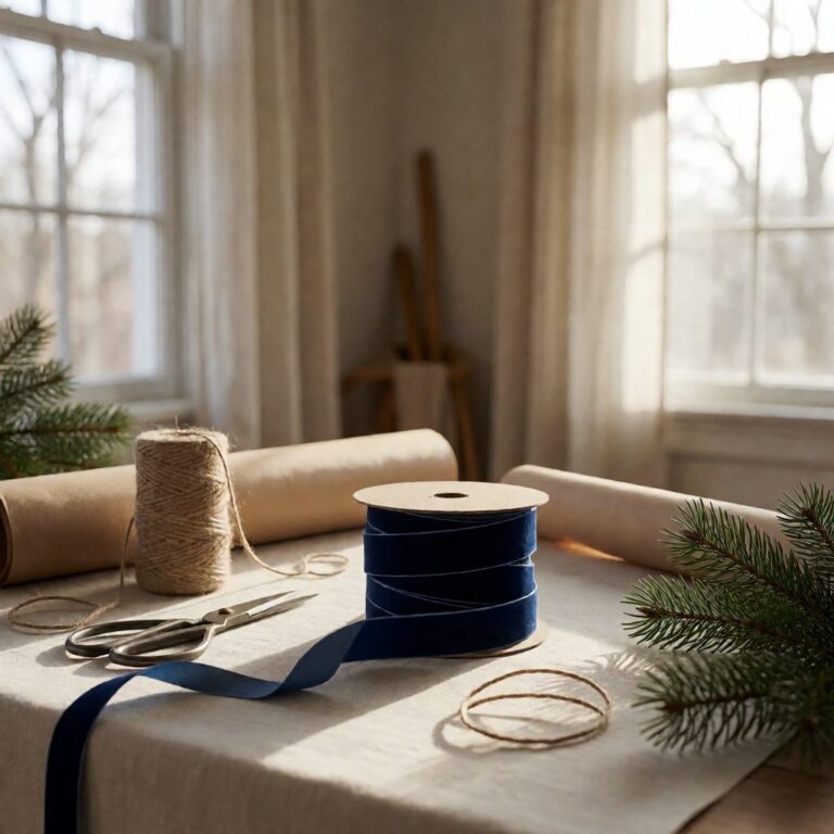 Navy Velvet Ribbon - 10Yd - styled on a craft worktable, styled lifestyle scene