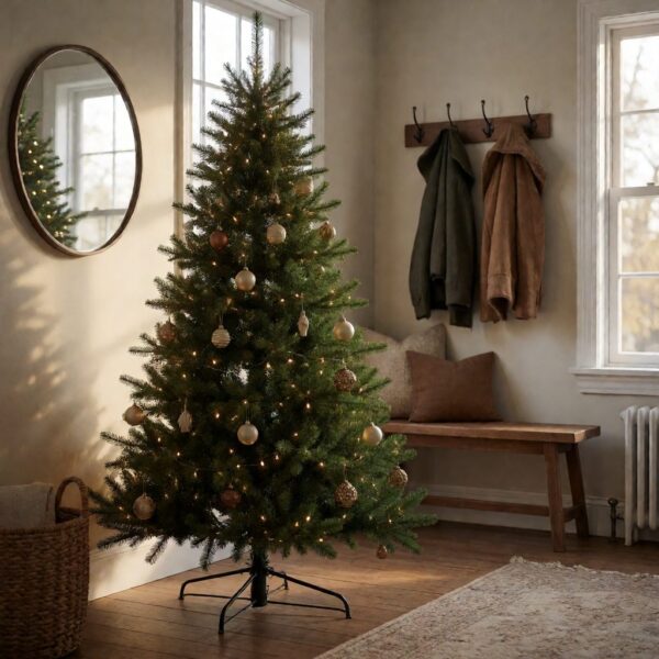 Noble Fir Artificial Christmas Tree - styled in an entryway foyer with a wooden bench, styled lifestyle scene