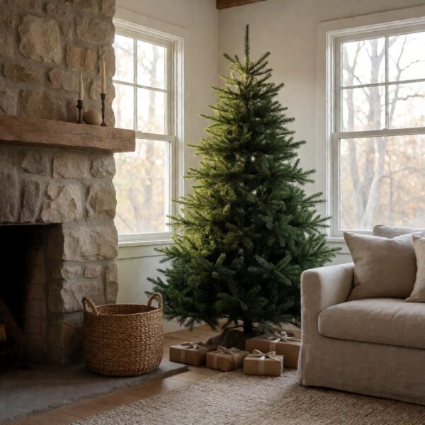 Noble Fir Flip-Style Artificial Christmas Tree - styled in a living room corner beside a fireplace, styled lifestyle scene