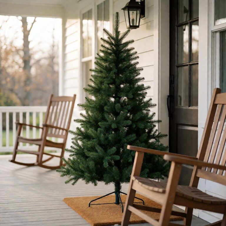 Nordmann Fir Artificial Christmas Tree - styled on a covered front porch, styled lifestyle scene