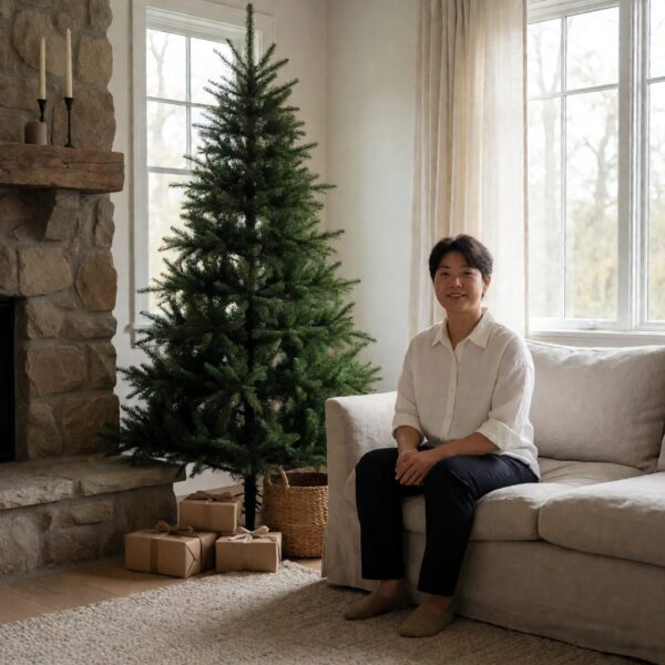 Northern Norway Spruce Artificial Christmas Tree - styled in a living room corner beside a fireplace, styled lifestyle scene