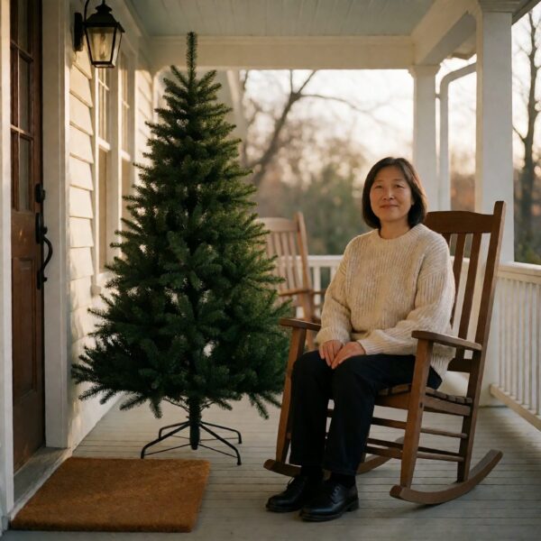 Norway Spruce Artificial Christmas Tree - styled on a covered front porch, styled lifestyle scene