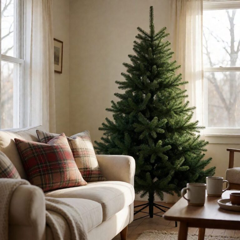 Norwegian Grand Fir Artificial Christmas Tree - styled next to a sofa in a bright living room, styled lifestyle scene