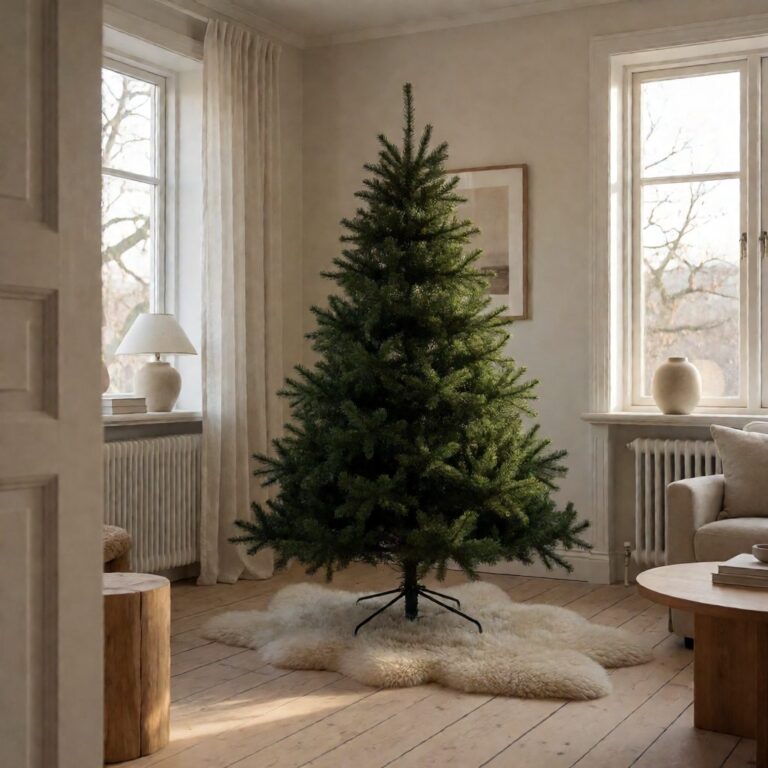 Oakville Outdoor Artificial Christmas Tree - styled in a Scandinavian-style living room, styled lifestyle scene