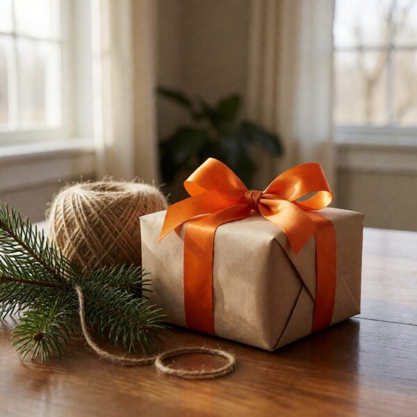 Orange Bow - styled on a wrapped gift box, styled lifestyle scene