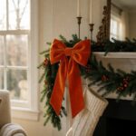 Orange Velvet Bow - styled on a fireplace garland, styled lifestyle scene