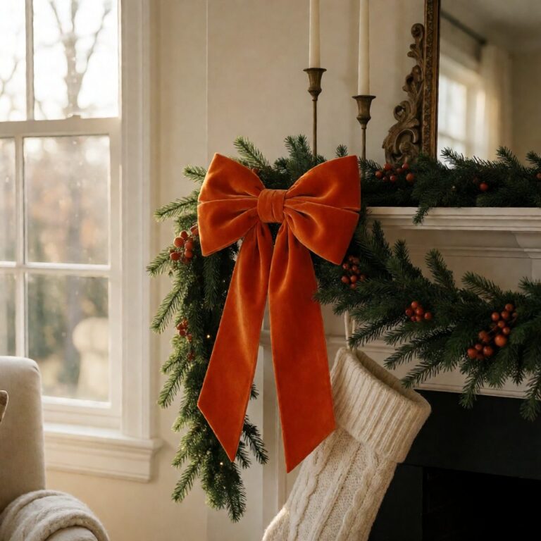 Orange Velvet Bow - styled on a fireplace garland, styled lifestyle scene