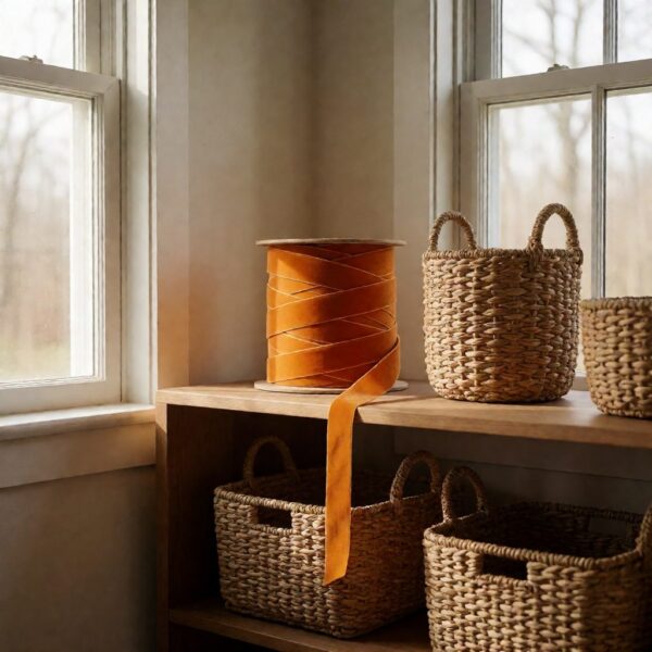 Orange Velvet Ribbon - Persimmon Gold - styled in a craft room, styled lifestyle scene