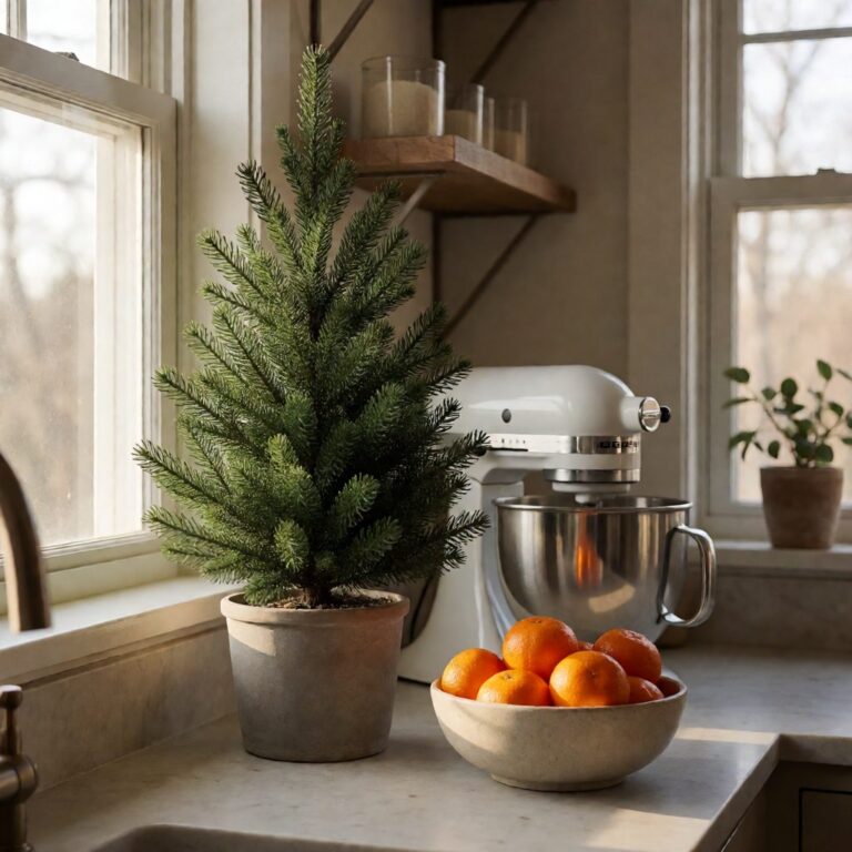 Outdoor Red Berry Evergreen Potted Artificial Christmas Tree - styled on a kitchen counter, styled lifestyle scene