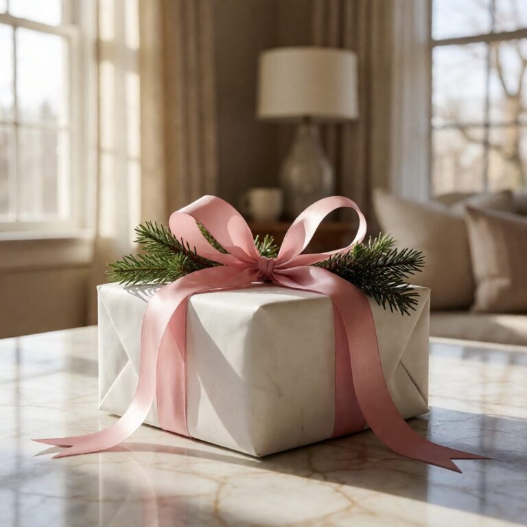 Pink Ribbon - Pink - styled on a wrapped gift, styled lifestyle scene