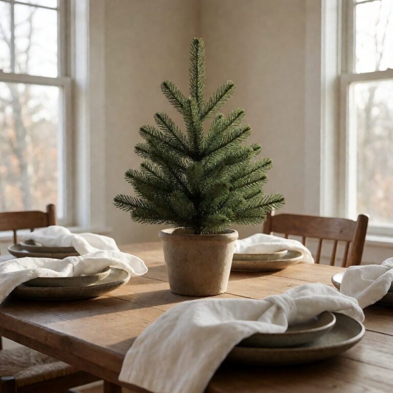 Poconos Pine Mini Artificial Christmas Tree - styled as a dining table centerpiece, styled lifestyle scene