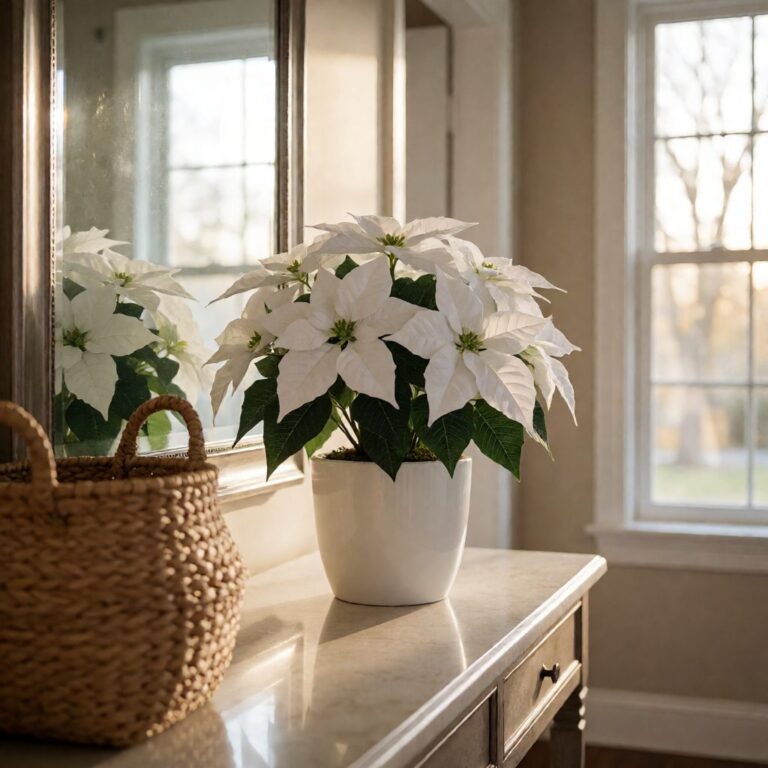 Poinsettia Artificial Arrangement in Pot - White - styled on an entryway console table, styled lifestyle scene