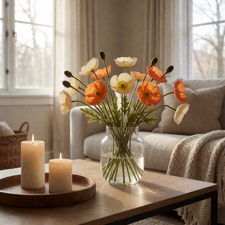 Poppy Faux Arrangement in Glass Vase - styled on a coffee table with candles, styled lifestyle scene