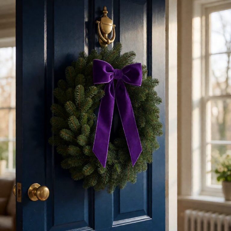 Purple Velvet Bow - styled on a wreath on a front door, styled lifestyle scene