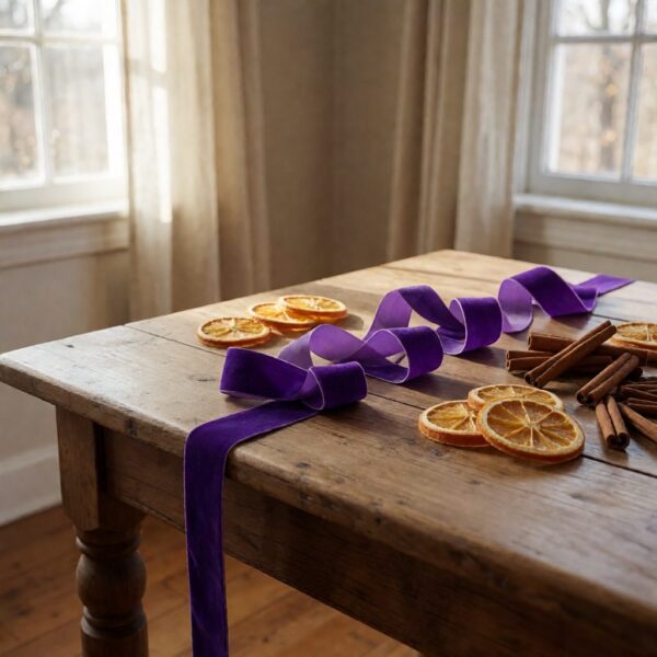 Purple Velvet Ribbon - 10Yd - styled with dried orange decor, styled lifestyle scene