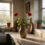 Real Touch Rose Stem - Red - styled in a ceramic pitcher, styled lifestyle scene