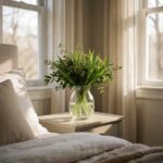 Real Touch Tulip Bouquet - Green - arranged in a vase on a bedside table, styled lifestyle scene