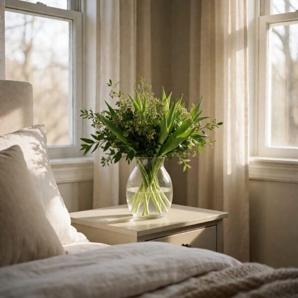 Real Touch Tulip Bouquet - Green - arranged in a vase on a bedside table, styled lifestyle scene