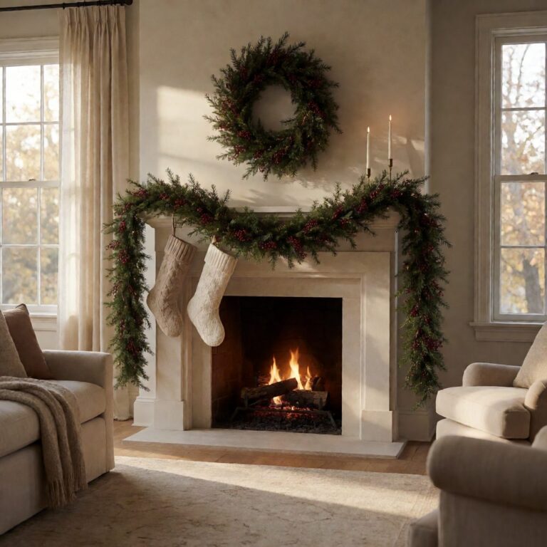 Red Berry Artificial Greenery Collection - Trees, Garlands & Wreaths - styled on a fireplace mantel, styled lifestyle scene