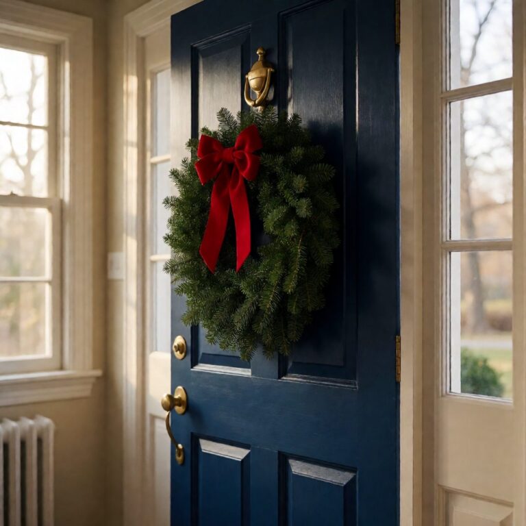 Red Bow - styled on a wreath on a front door, styled lifestyle scene