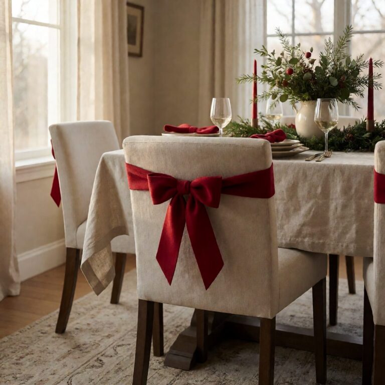 Red Bow - styled on a dining chair, styled lifestyle scene