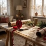 Red Ribbon - 10Yd - styled on a craft worktable, styled lifestyle scene