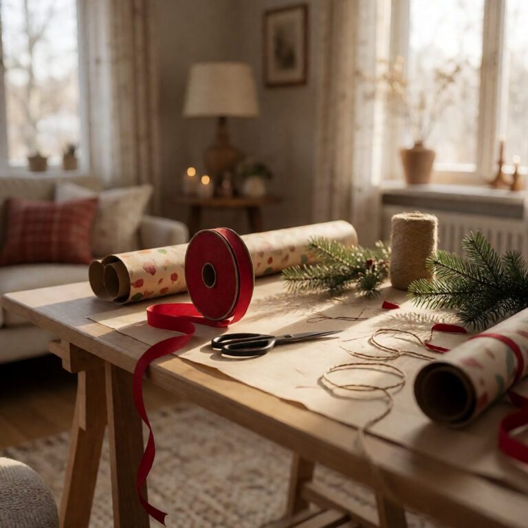 Red Ribbon - 10Yd - styled on a craft worktable, styled lifestyle scene