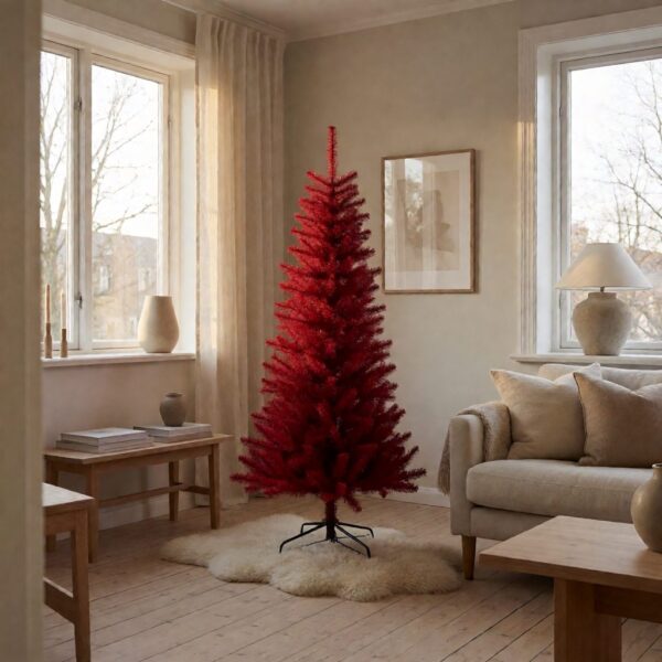 Red Spruce Slim Artificial Christmas Tree - styled in a Scandinavian-style living room, styled lifestyle scene