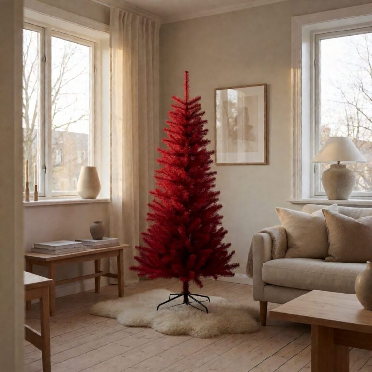Red Spruce Slim Artificial Christmas Tree - styled in a Scandinavian-style living room, styled lifestyle scene