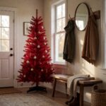 Red Spruce Slim Flip-Style Artificial Christmas Tree - styled in an entryway foyer with a wooden bench, styled lifestyle scene