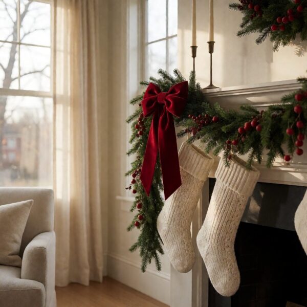 Red Velvet Bow - styled on a fireplace garland, styled lifestyle scene