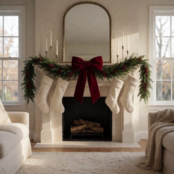 Red Velvet Bow - Deep Red - styled on a fireplace garland, styled lifestyle scene