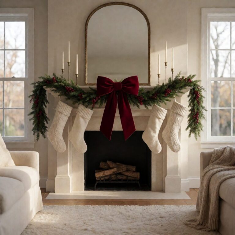 Red Velvet Bow - Deep Red - styled on a fireplace garland, styled lifestyle scene