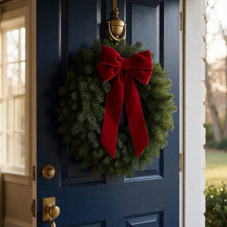 Red Velvet Bow - Medium - styled on a wreath on a front door, styled lifestyle scene